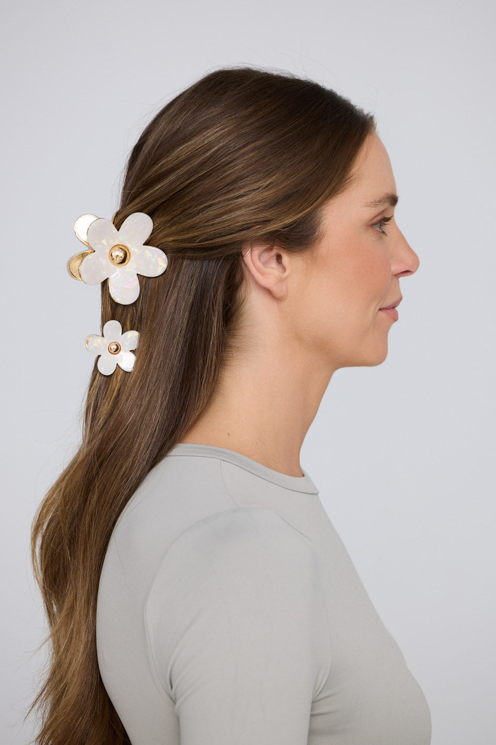 Flora Set Of 2 Hair Claw - Cream hair claw in cream with floral silhouette, alternate view on white background