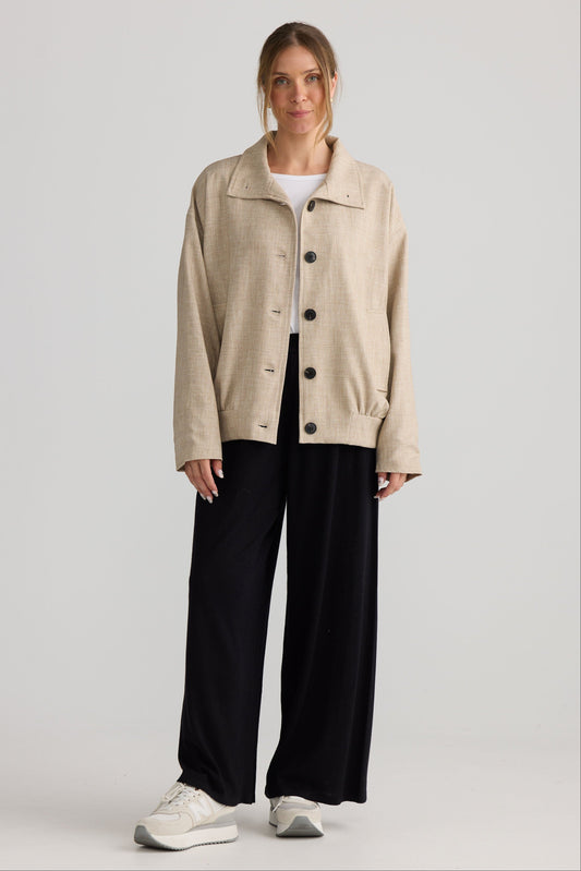Model wearing Edie Jacket in stone.