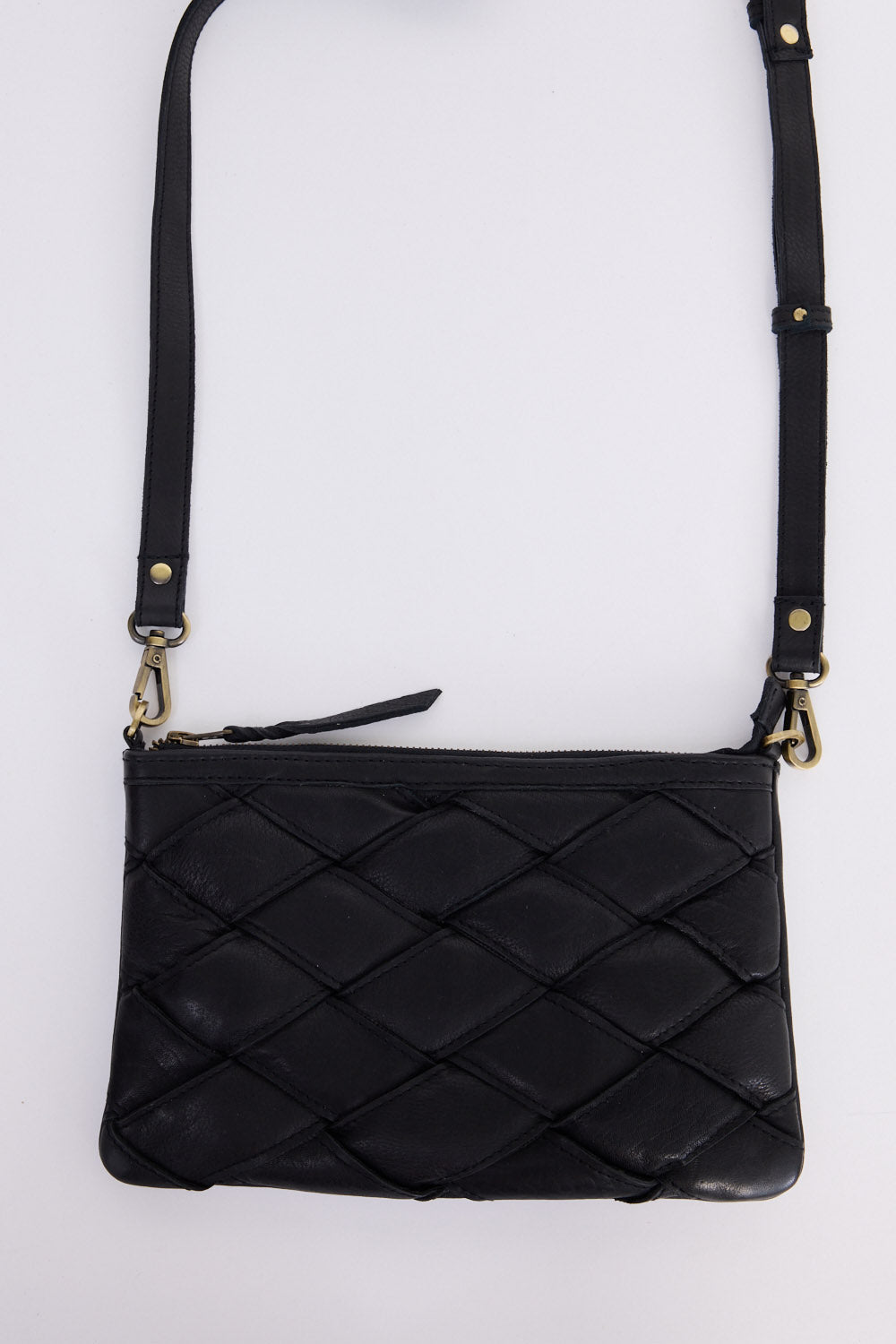 Sicily Bag - Black bag in black with woven texture, front view on white background