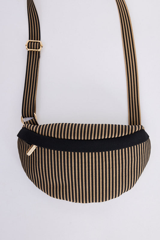 Delphi Bumbag - Black bum bag in black with stripe detailing, alternate view on white background
