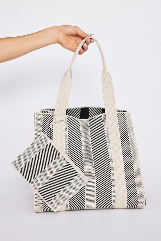 Bellagio Tote Bag - Black tote bag in black with geometric weave, alternate view on white background