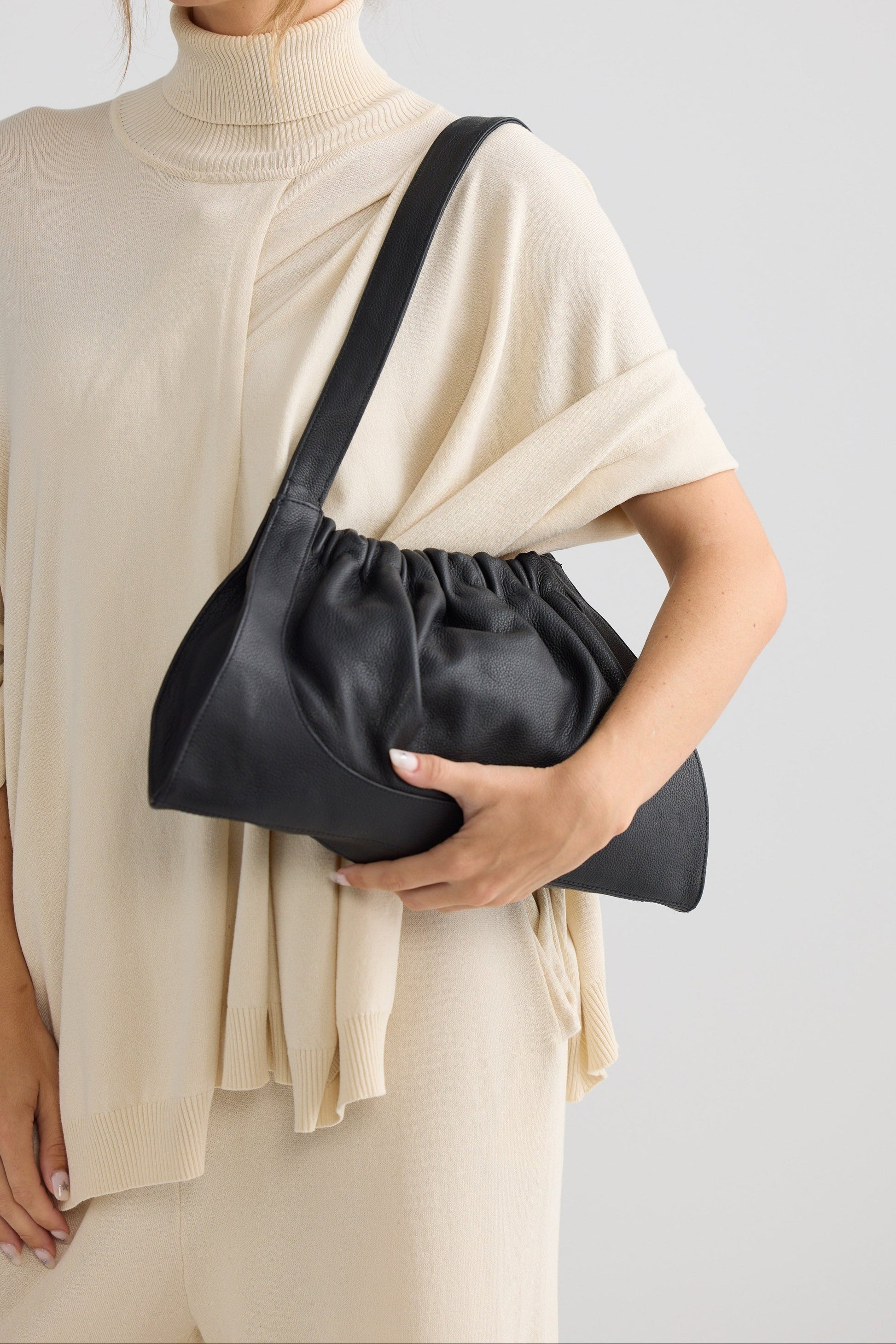 Fraser Bag - Black bag in black with gathered silhouette, alternate view on white background