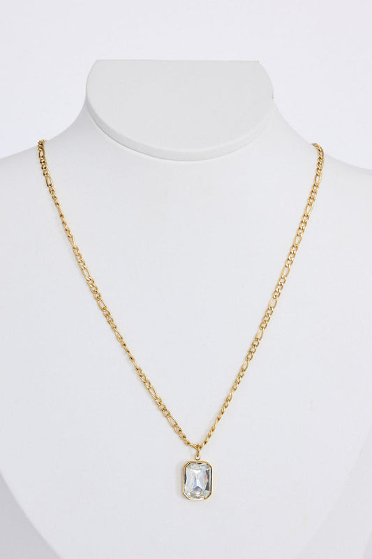 Bovina Necklace in clear with a faceted rectangular pendant, front view on white background