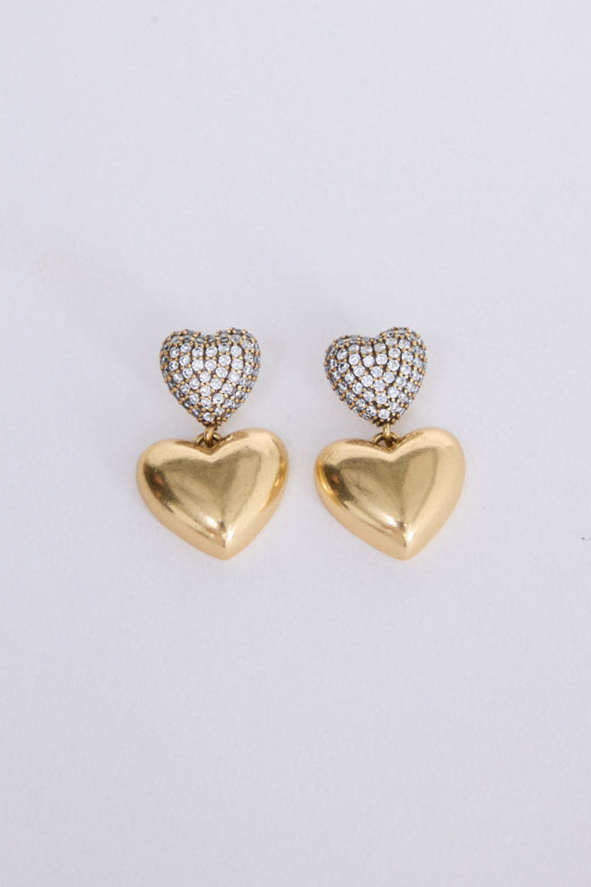 Amelie Earrings in gold with mixed texture detailing, angled view on white background
