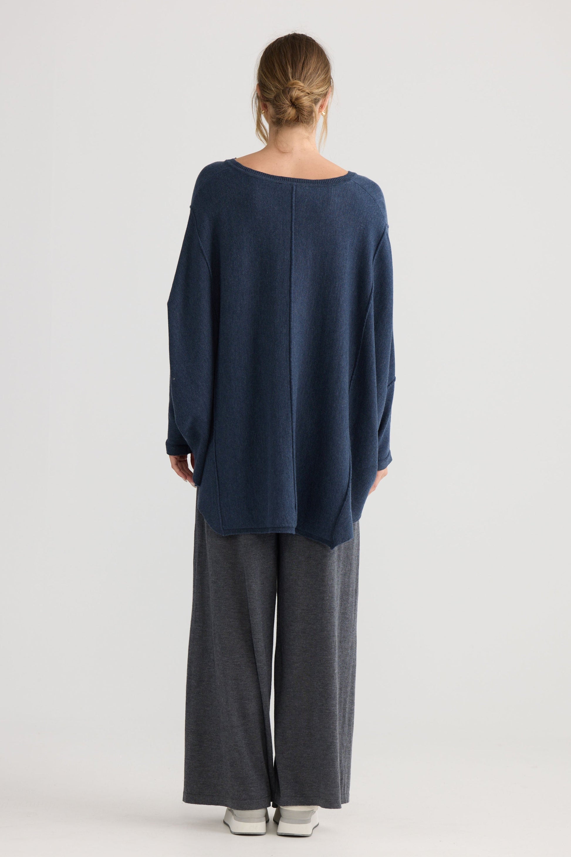Chill Top in navy, showing v-neckline.