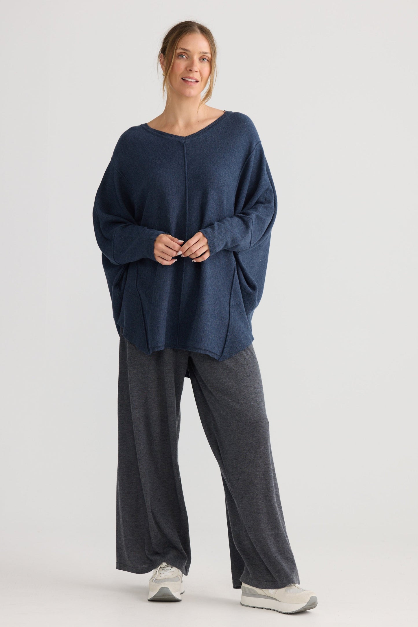 Model wearing Chill Top in navy.
