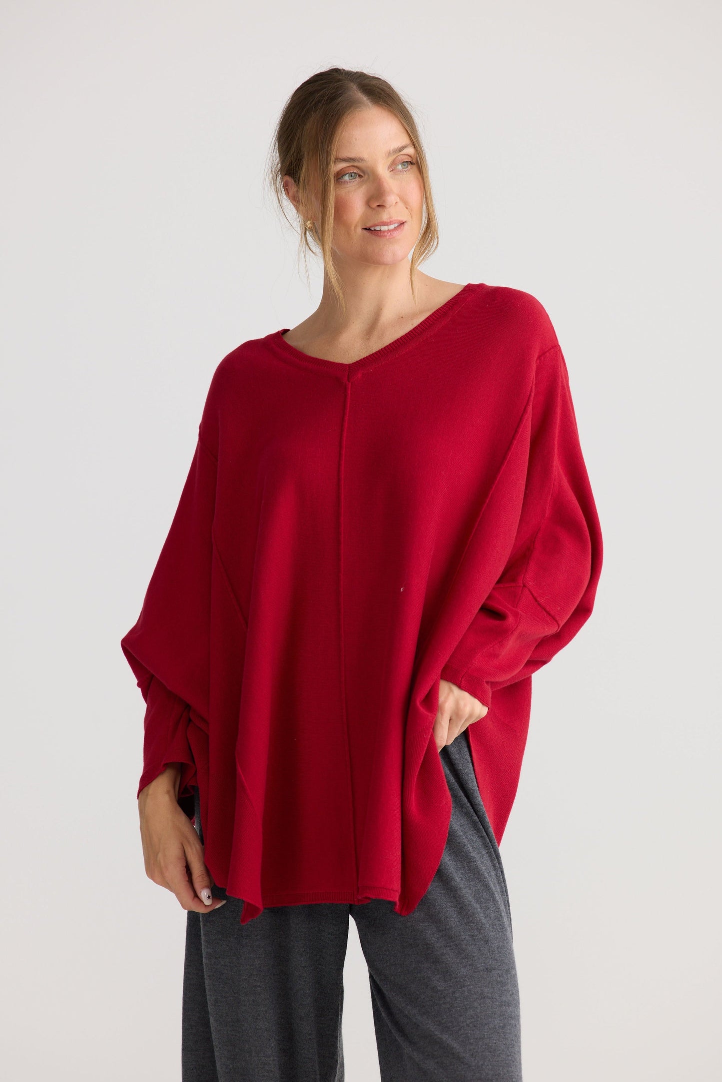 Chill Top in scarlet, showing v-neckline.