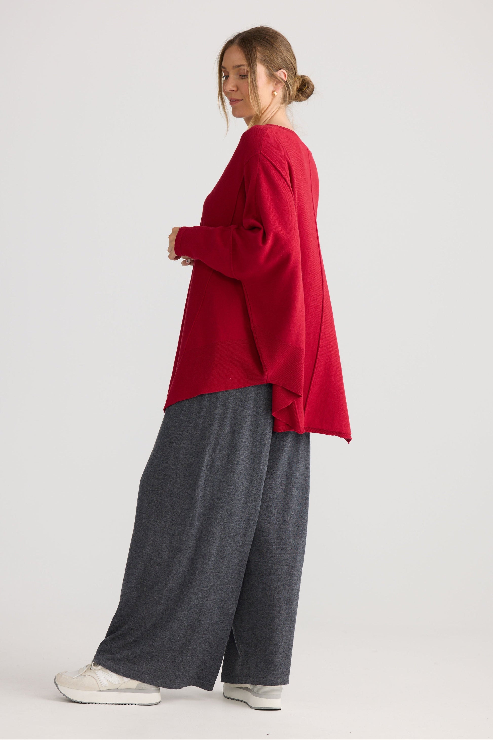 Model wearing Chill Top in scarlet.