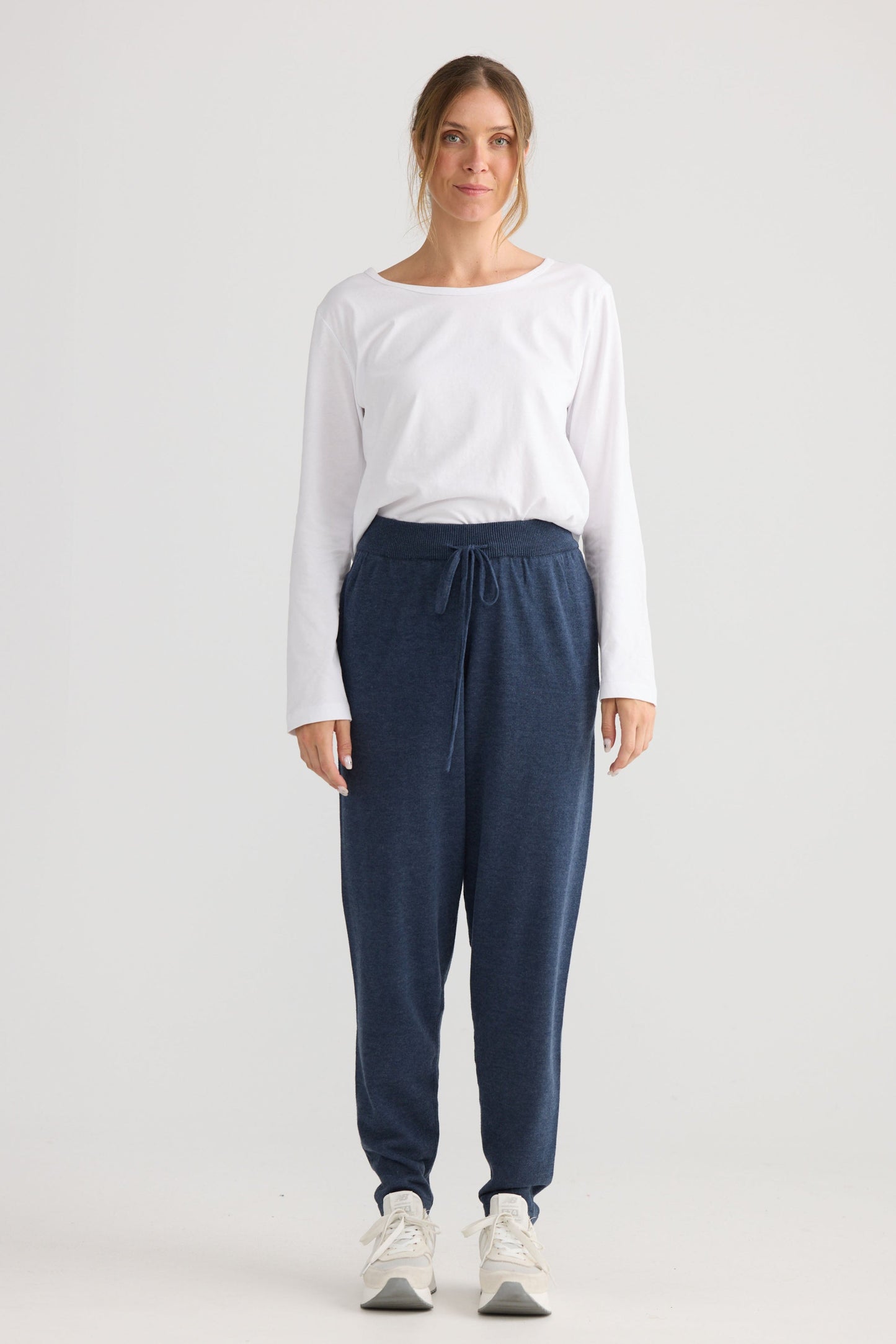 Woodside Pant in navy, shown on model.