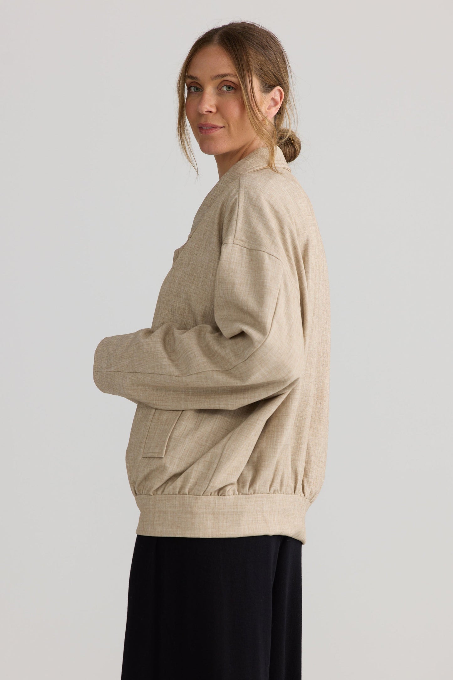 Edie Jacket in stone, showing layered jacket shape.