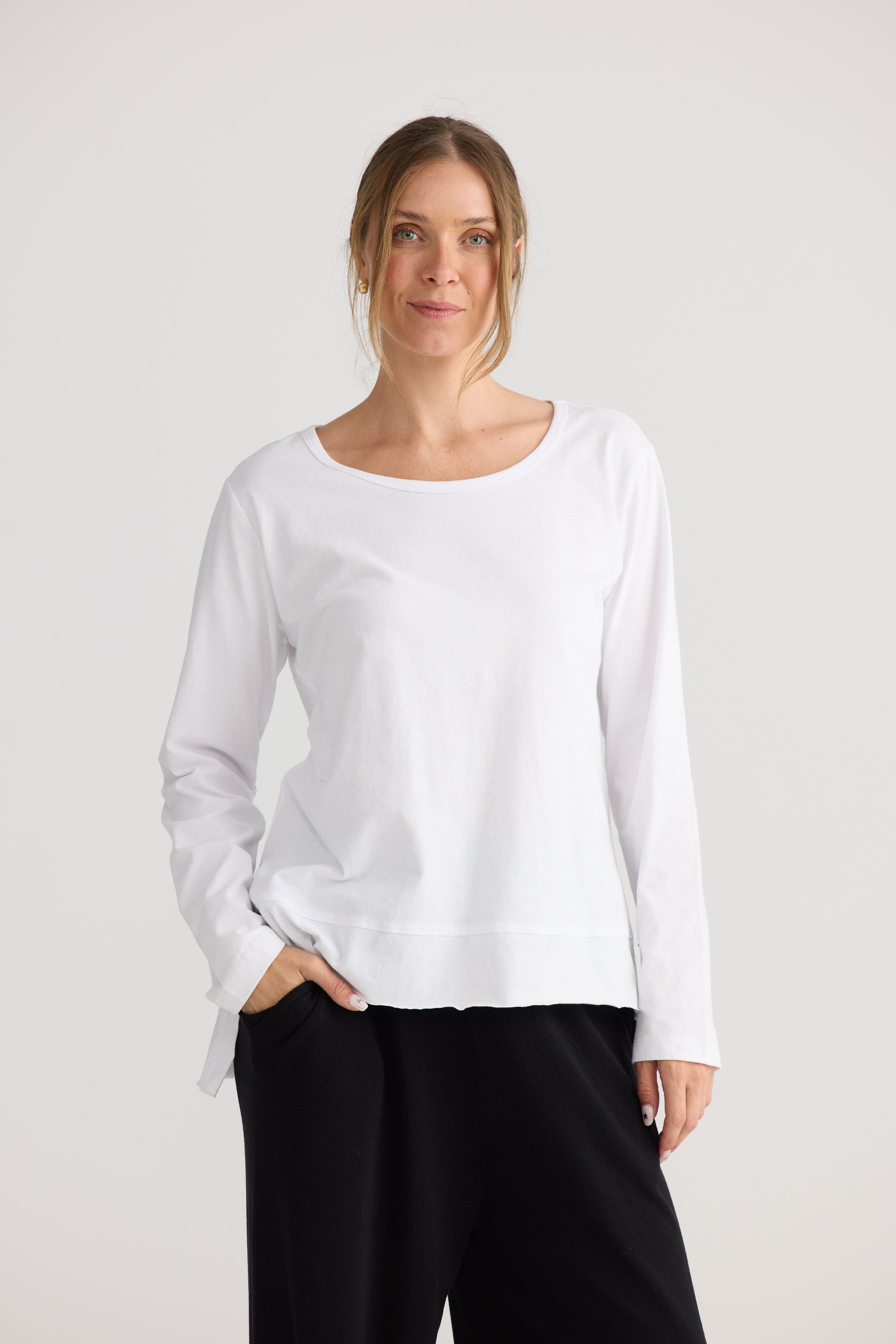 Faye Lounge Tee in white, showing relaxed top shape.