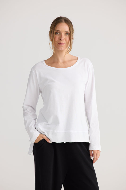 Faye Lounge Tee in white, showing relaxed top shape.