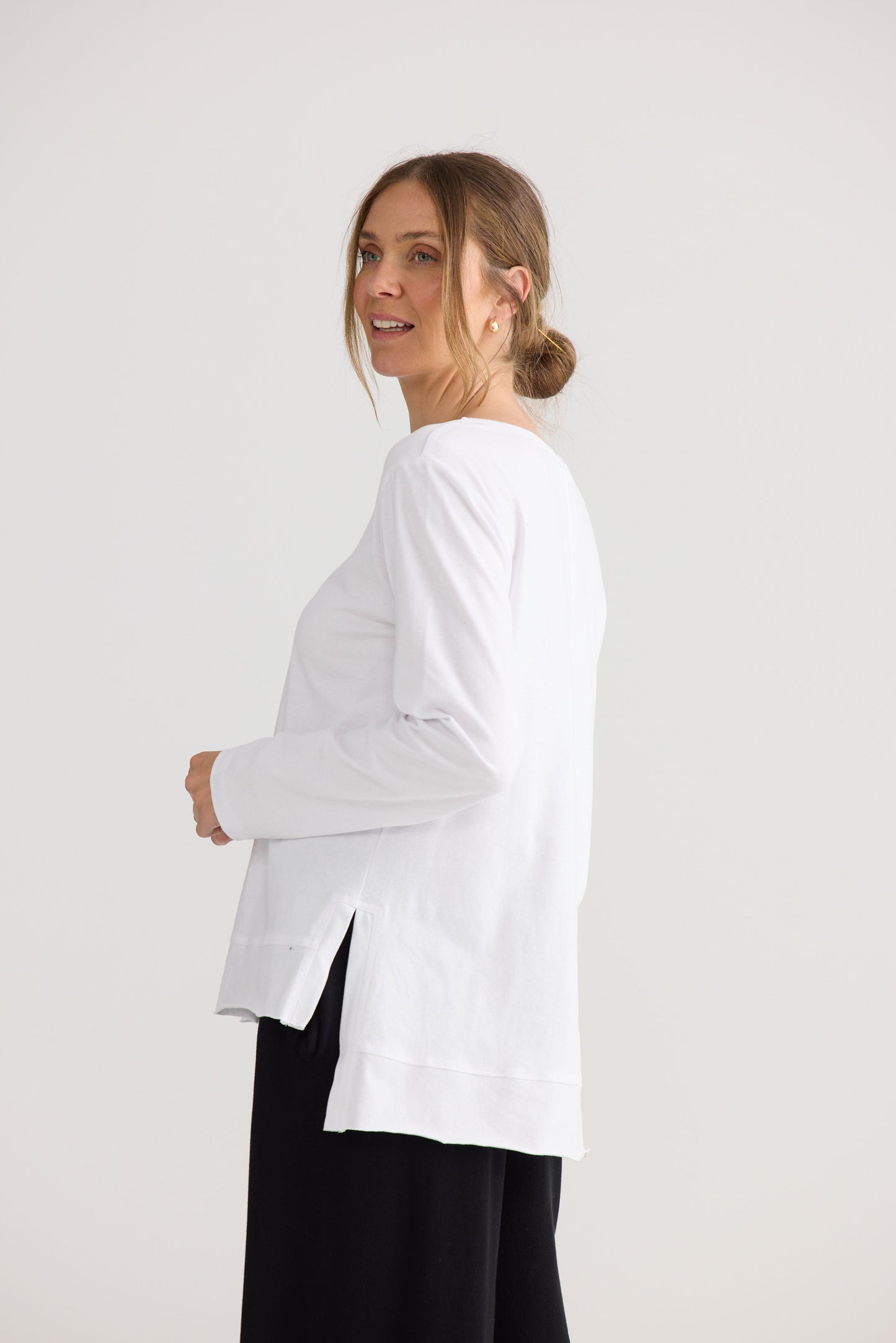 Faye Lounge Tee in white, shown on model.