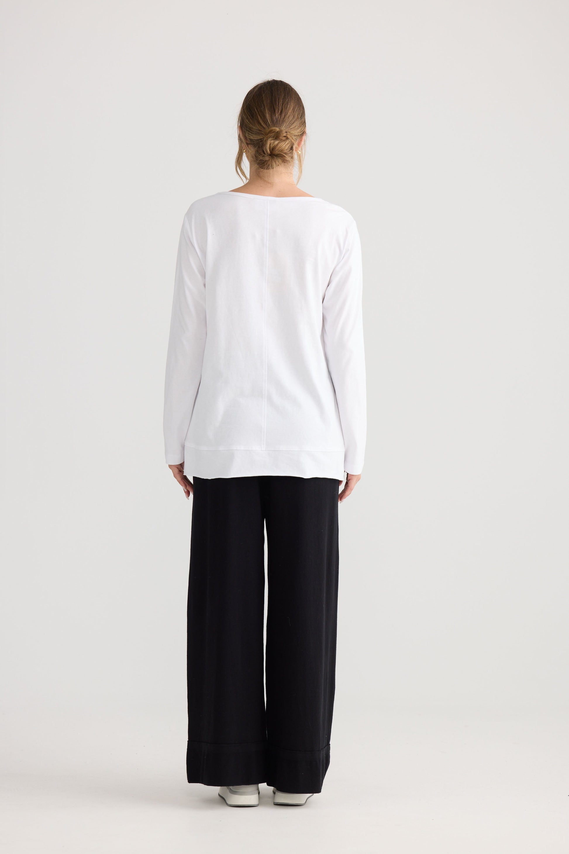 Model wearing Faye Lounge Tee in white.