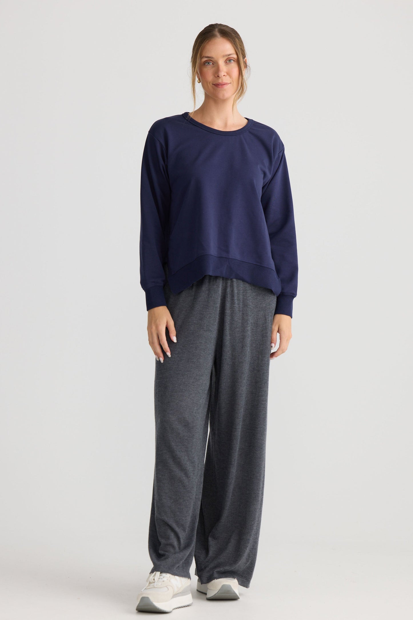 Faye Lounge Jumper in navy, showing knit texture.