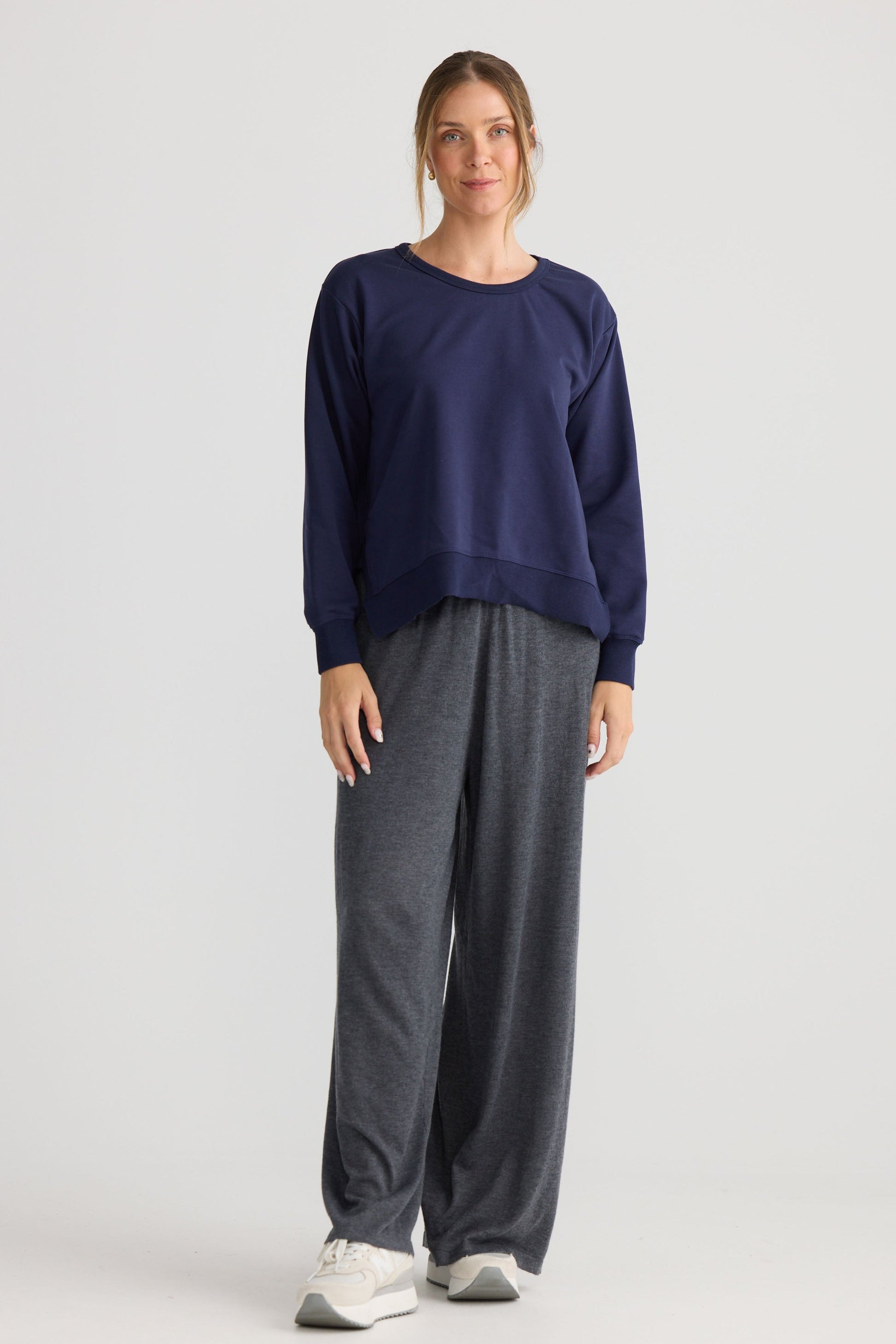 Faye Lounge Jumper in navy, showing knit texture.