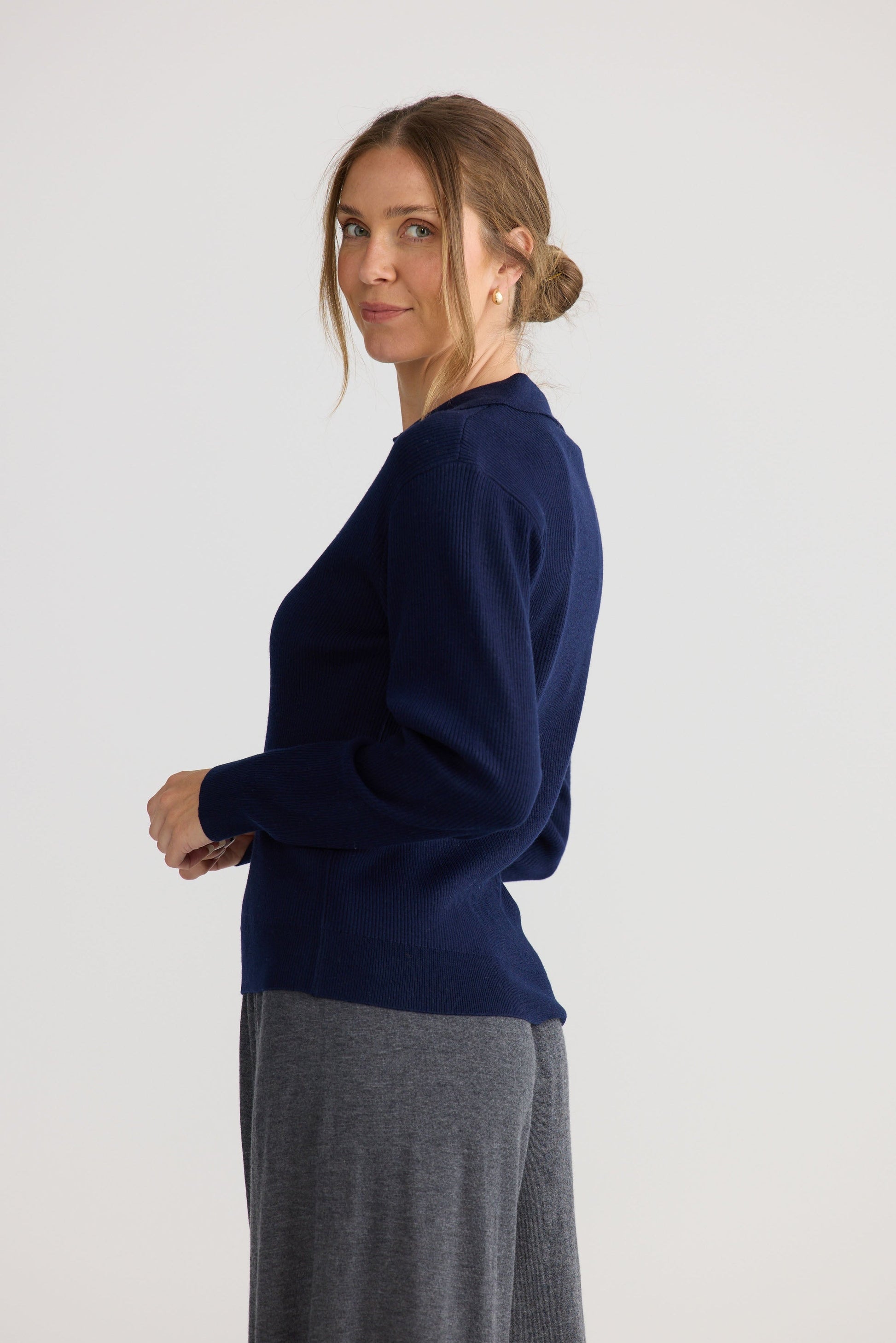 Tilda Top in navy, shown on model.