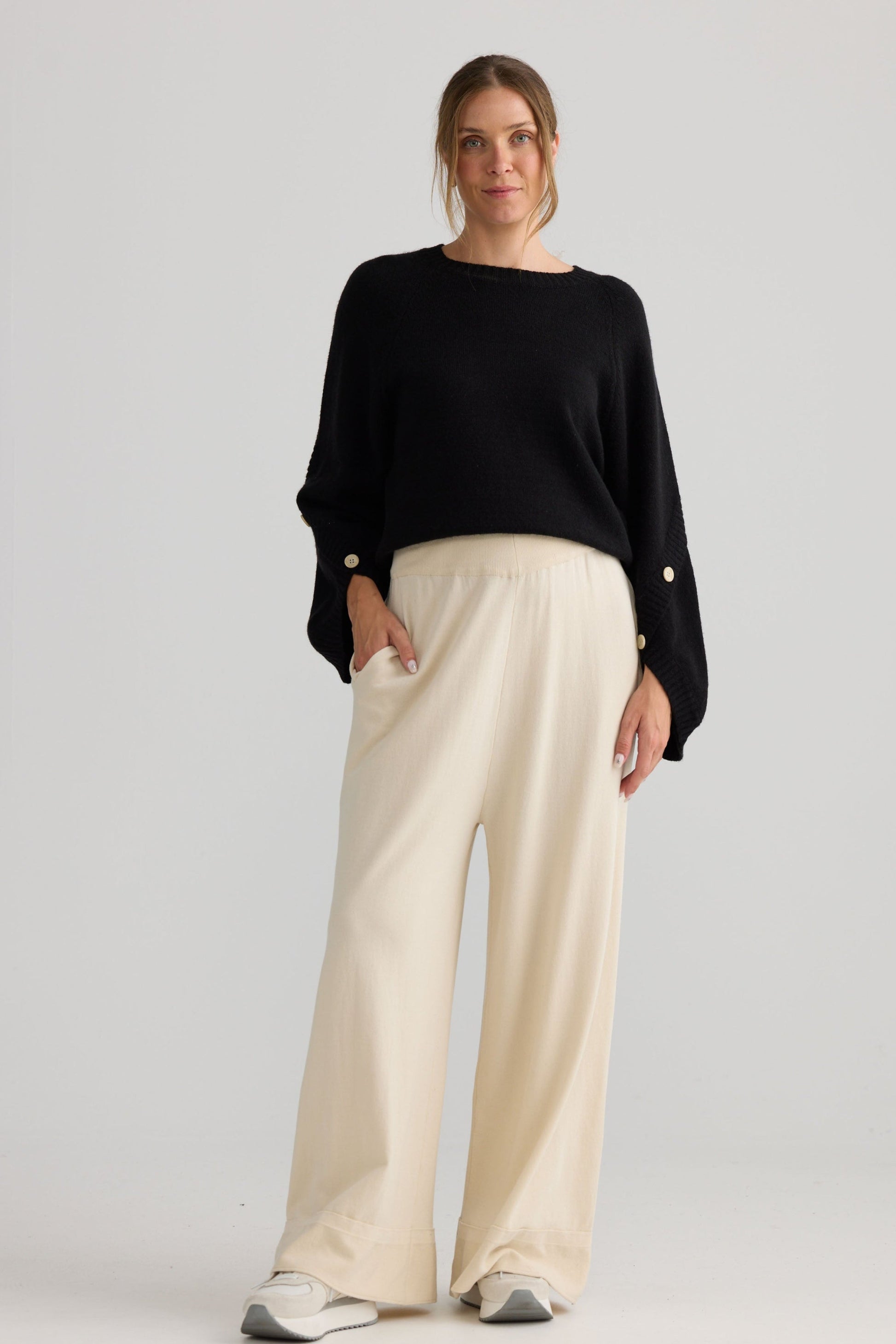 Awaken Knit Pant in dove, showing relaxed leg shape.