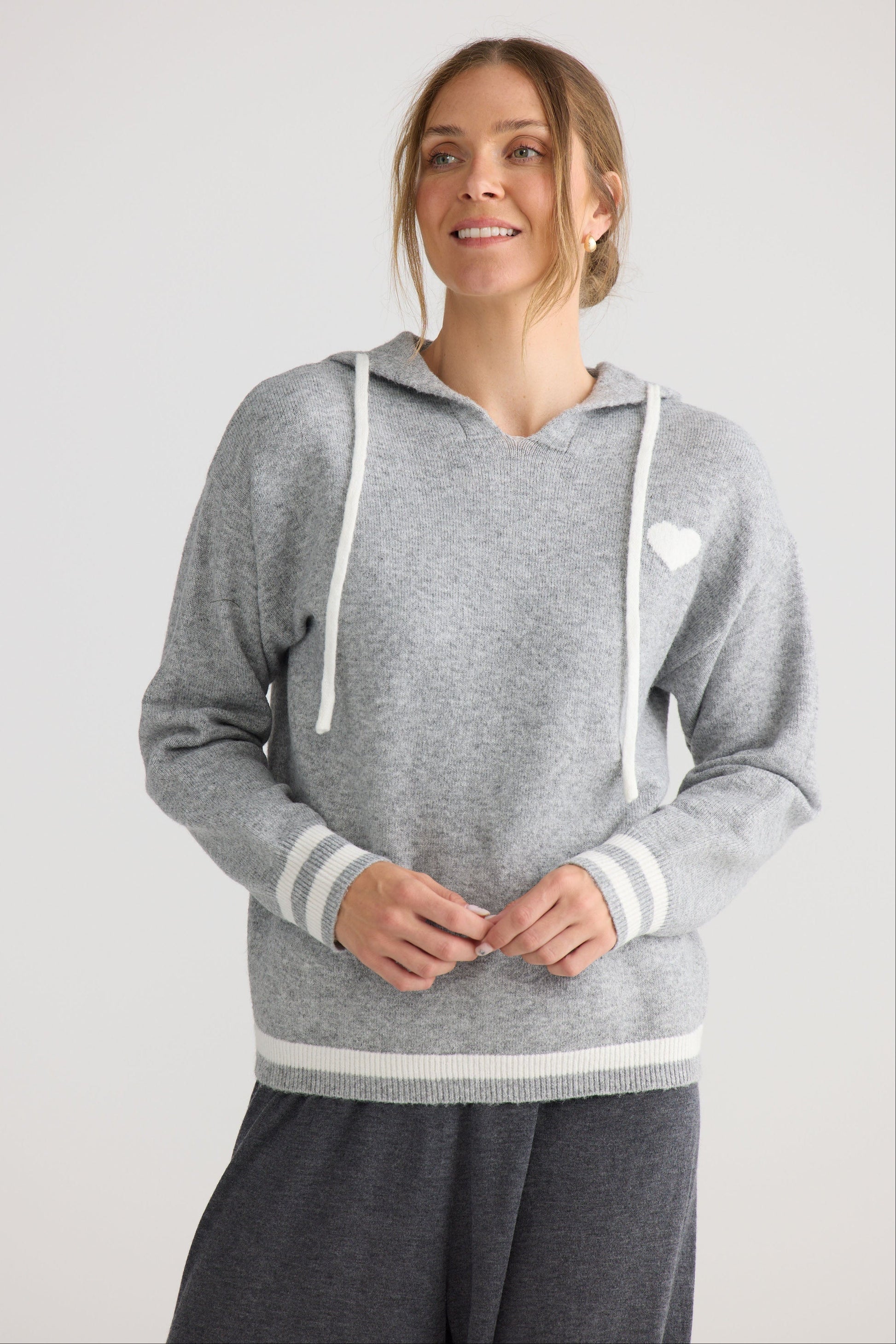 Bold Hearts Hoodie in grey, shown on model.