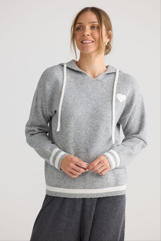 Bold Hearts Hoodie in grey, shown on model.