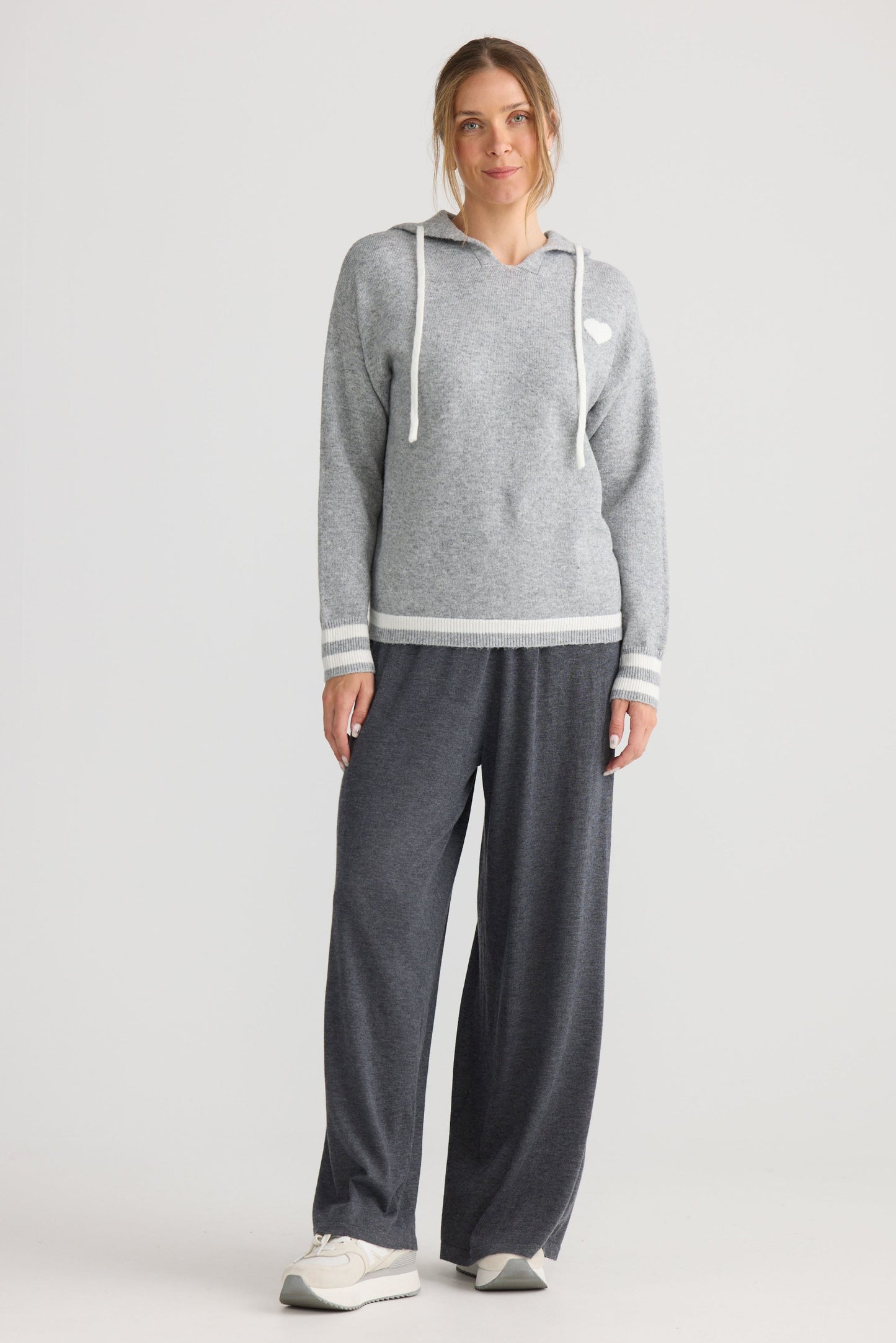 Bold Hearts Hoodie in grey, showing hooded knit shape.