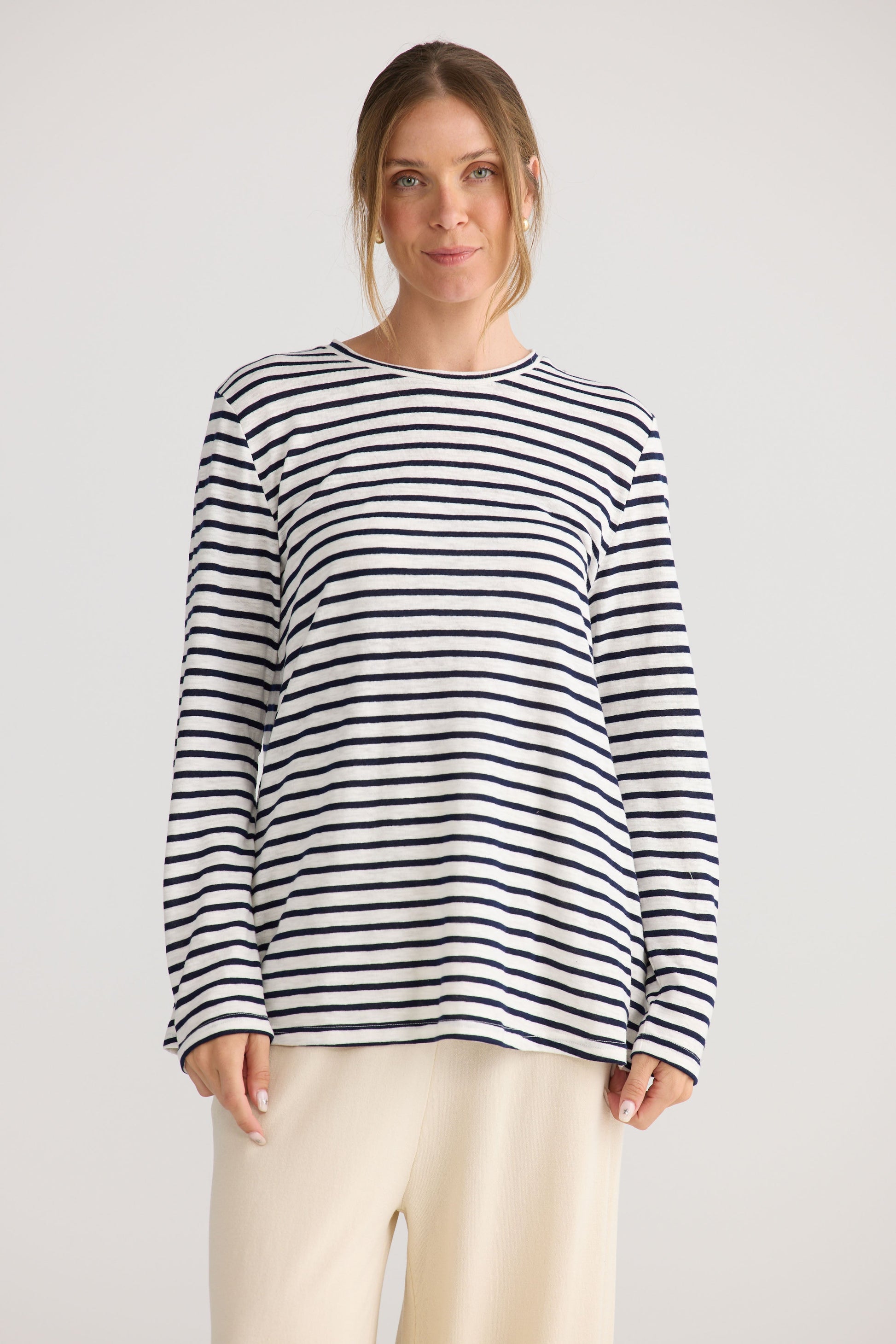 Sana LS Top in navy stripe, shown on model.