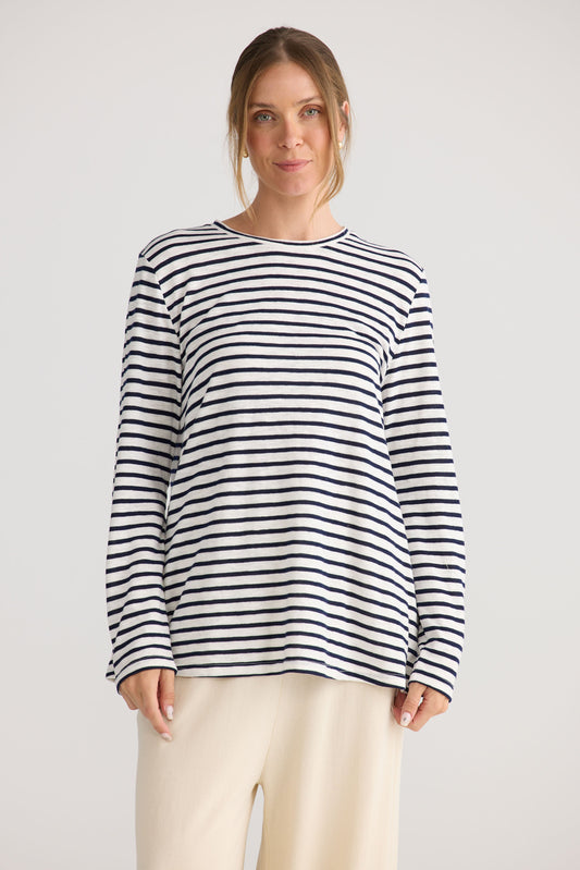 Sana LS Top in navy stripe, shown on model.
