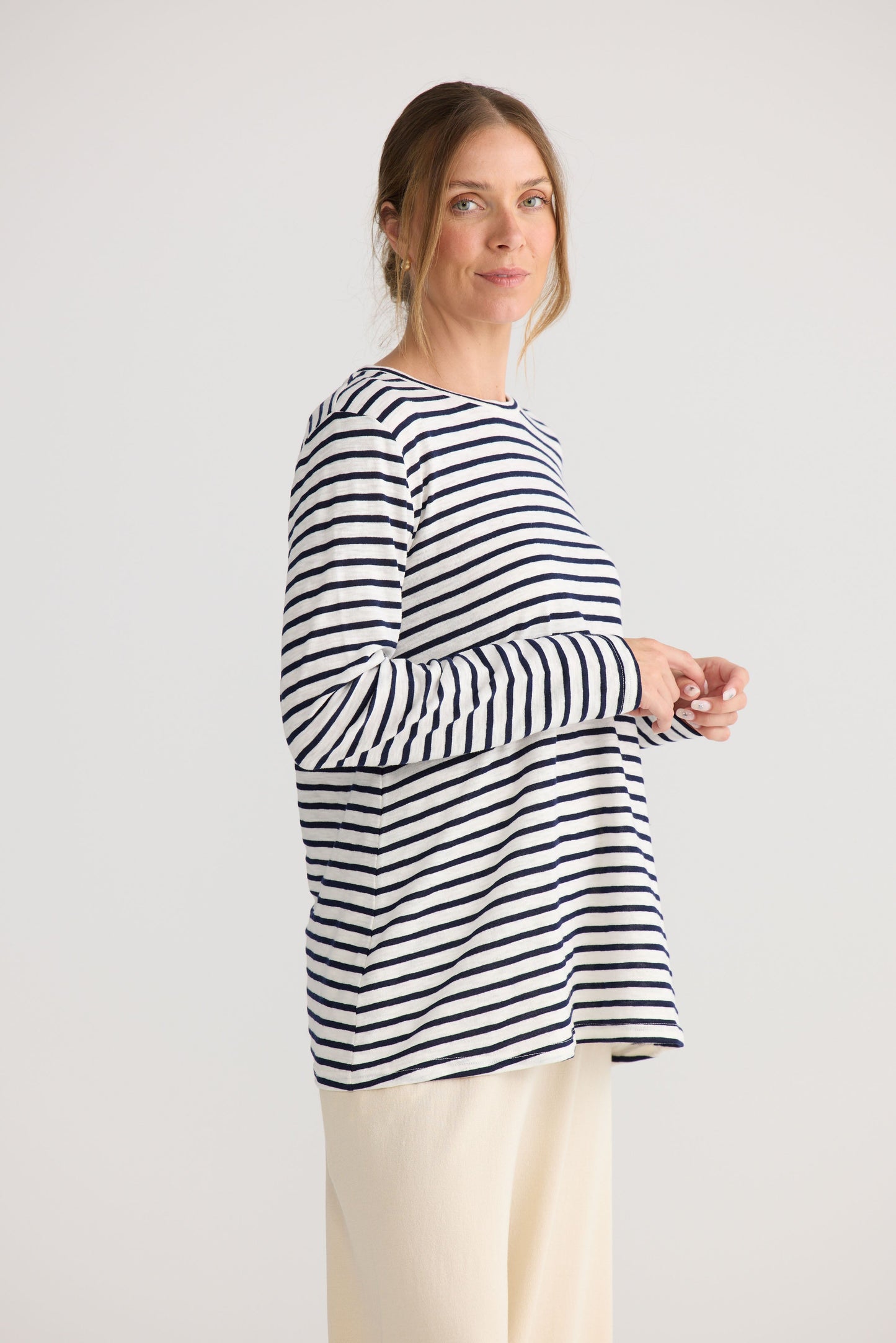 Sana LS Top in navy stripe, showing relaxed top shape.